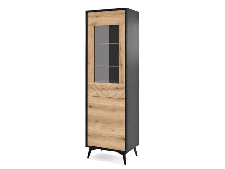 Lomadox Vitrine Vitrinenschrank Standvitrine Glasvitrine Glastüre schwarz mit Eiche Metallfüße 54x178x39 cm