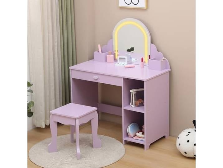 GarveeMore 2-in-1 Kinder Schminktisch mit LED-Beleuchtung Mit Schublade & 2 Fächern Mit Hocker 3-Farben Verstellbare LED-Beleuchtung 100x80x40cm