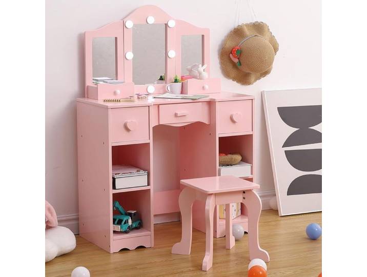 Coiffeuse Enfant - PROMIRACAL - Miroir Amovible - 5 Tiroirs - 70x34x100cm - Rose
