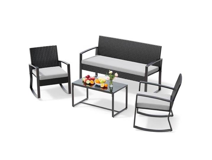 Xbro Rattan Gartenmöbel Set für 4 Person, Balkonmöbel Lounge mit 2 stühlen Doppelsessel & Glastisch, inkl. Sitzkissen, wetterfest für Garten, Terrasse, Veranda & Pool, Grau