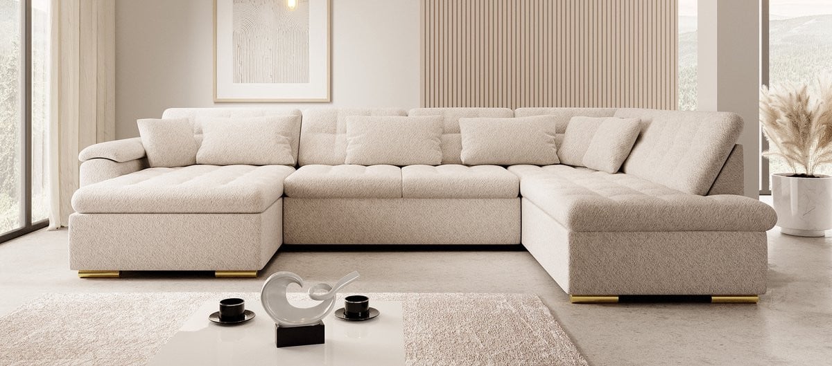 Meubella - Hoekbank Nicoreta - Beige - Teddy Boucle - Links - Breedte: 205 cm