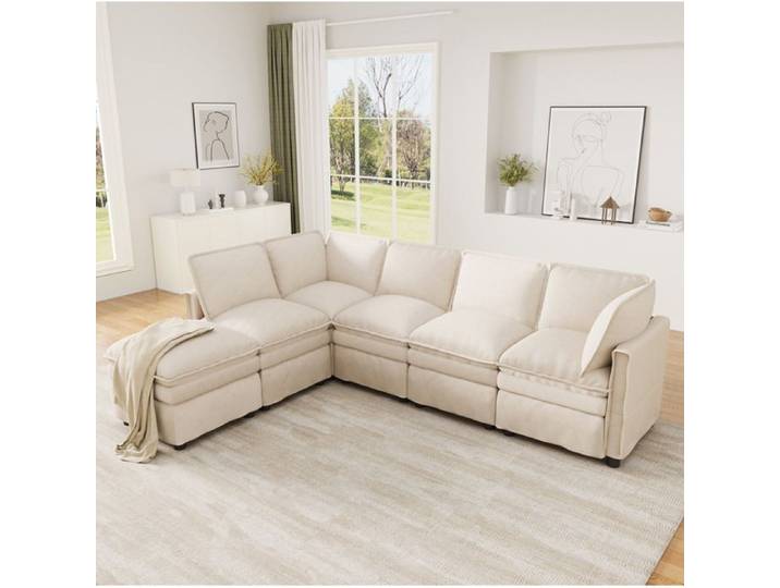 MEULVA Canapé modulable XXL en chenille beige fonction couchage forme U ou L 6-7 places