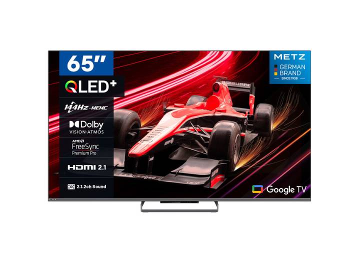 METZ 65MQE8000Z TV 65 pouces (165 cm) QLED Google TV, 144 Hz, 4K UHD HDR10+, Dolby Vision &amp; Atmos, Système audio 2.1.2 avec caisson de basses intégré, HDMI 2.1, FreeSync Premium, MEMC, protection des yeux (faible lumière bleue, sans scintillement)