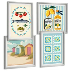 BILDER SET 4er Set - 50x50 cm & 40x60 cm Silberner Rahmen - Illustrationen der mediterranen Küche