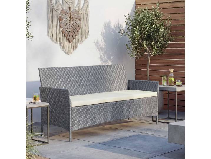 3-Sitzer Poly-Rattan Gartenbank Halden, Sitzbank grau, Kissen creme