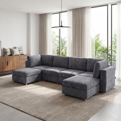 Loedds 132.28-inch 6-Seat Modular Modern Polyester Sectional Sofa with Convertible Design and Storage for Living Room