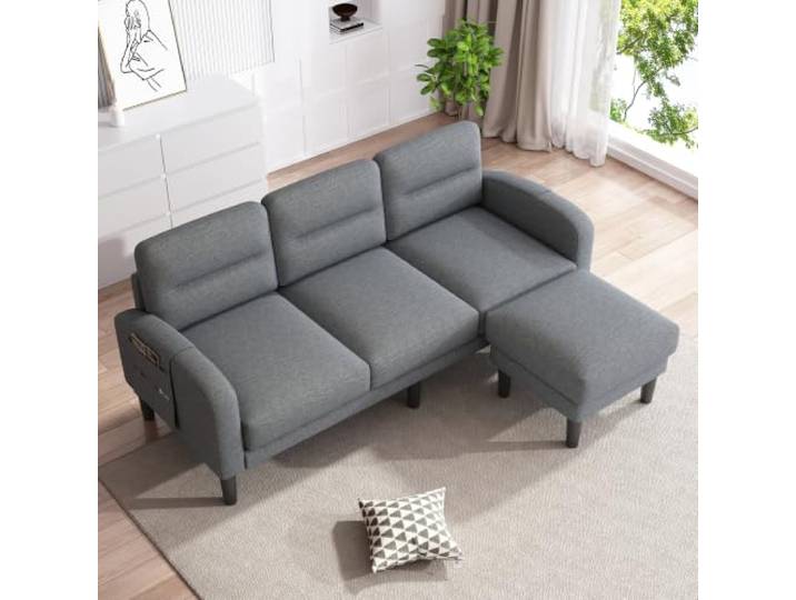 Aunvla Ecksofa L-Form Sofa 3-Sitzer mit Chaiselongue, kleines Ecksofa aus, An der Seite befindet Sich eine Aufbewahrungstasche,10 Sofabeine,Geeignet für das Wohnzimmer,204x136x80cm,Grau