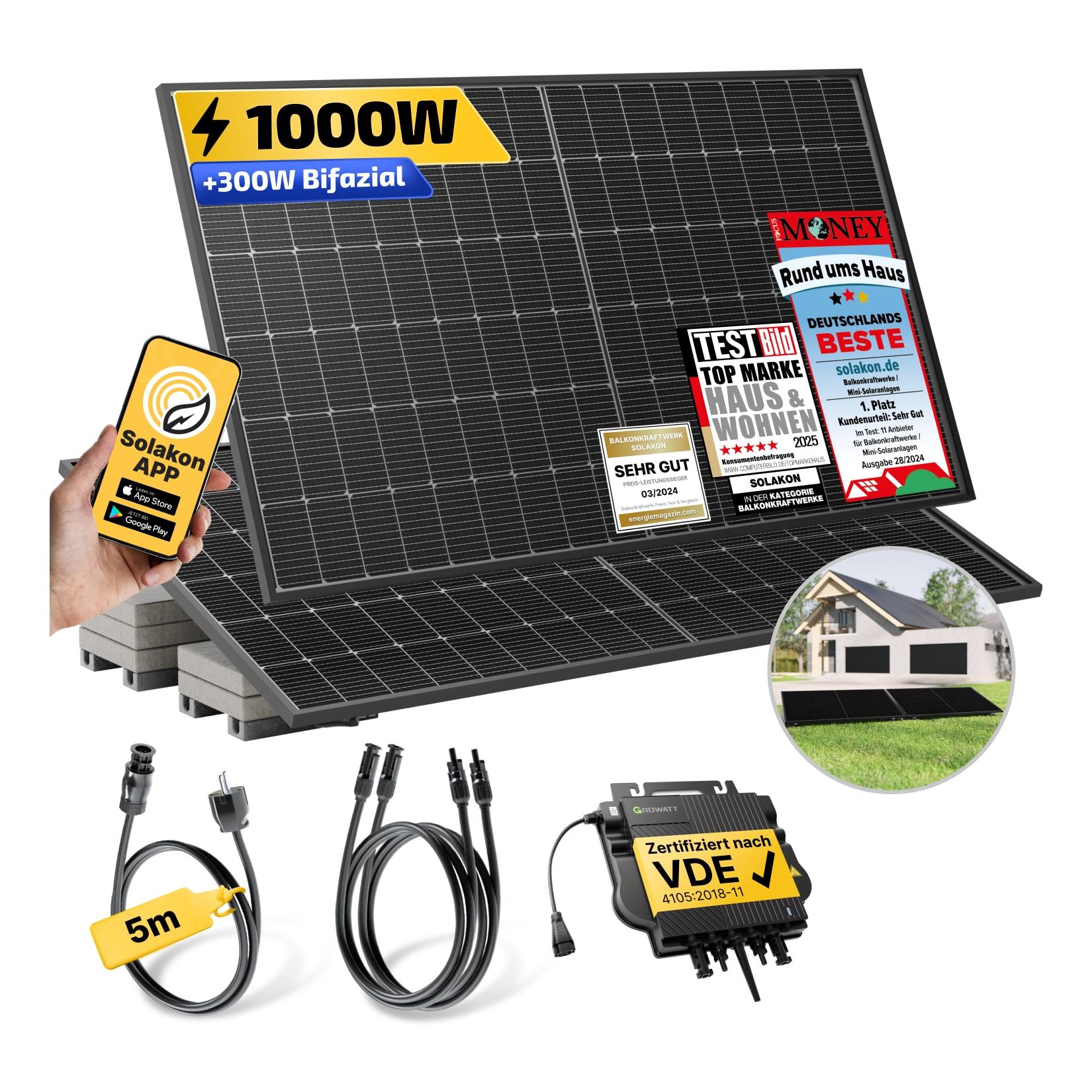Balkonkraftwerk 1000W/800W Solaranlage mit Garten Halterung Steckerfertig WIFI Komplettset Photovoltaik Anlage 800W, Kabellänge: 5m