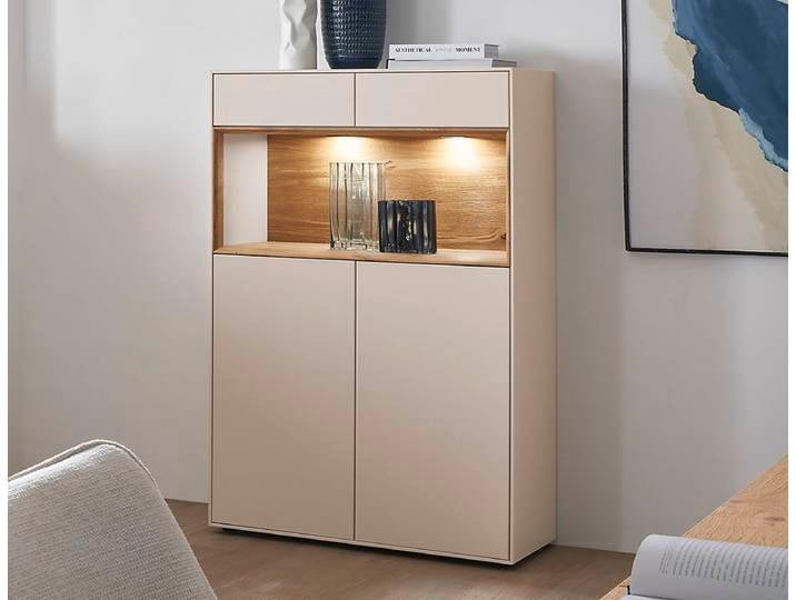 Highboard 90x133cm 'Locarno' Wildeiche massiv & MDF creme inkl.Beleuchtung