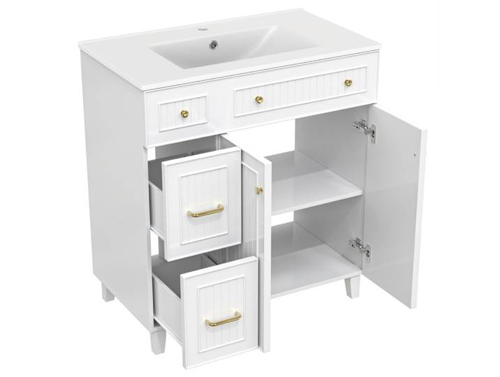 Meuble sous-vasque 81 cm blanc avec vasque céramique et pieds pin