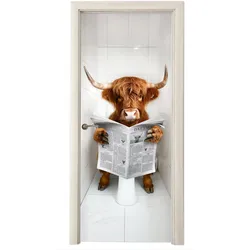 TÜRAUFKLEBER Scottish Highlander - Zeitung - WC - Tier 85x215 cm - Türtapete