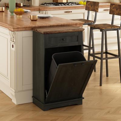 Kodotan sofa 10 Gallon Tilt Out Trash Cabinet Freestanding Trash Bin Cabinet Wood Garbage Recycling Cabinet with Hideaway Drawer Pet Proof