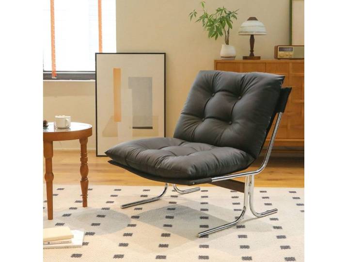 ROVRYN fauteuil d'appoint style Barcelona en simili cuir noir avec pieds en metal chrome dehoussable