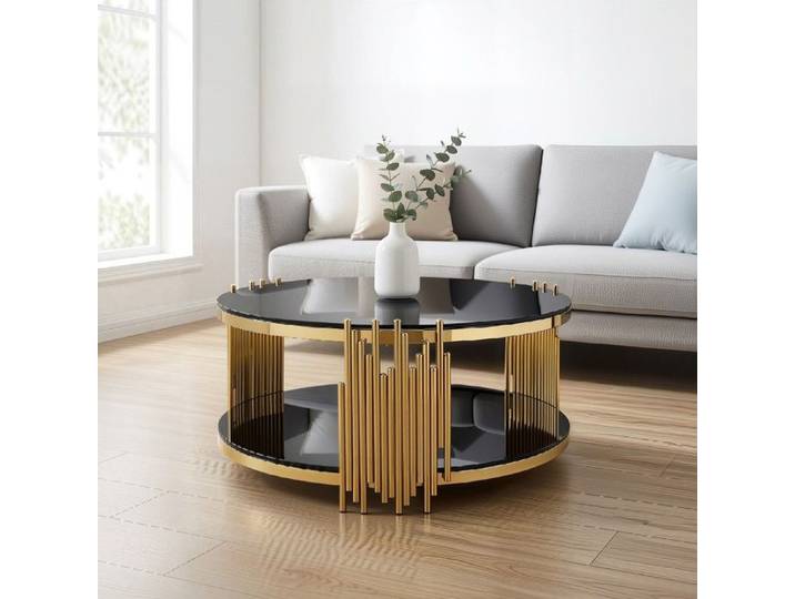 Bladez - Table basse ronde 80 cm - Table d'appoint laquée brillante - Design luxueux - Noir et or