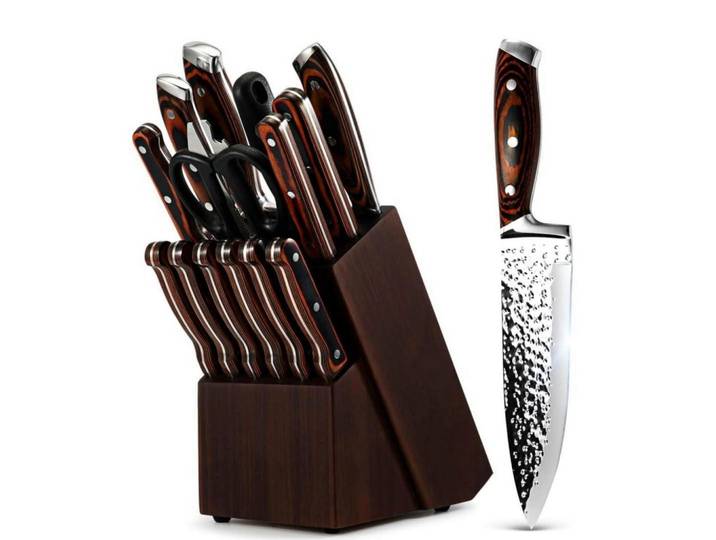 Küchenmesser 15-teiliges Set Rostfreier Spezialstahl Braun Holz Griff und Block, Kochgeschirr, Küchenmesser, Messersets