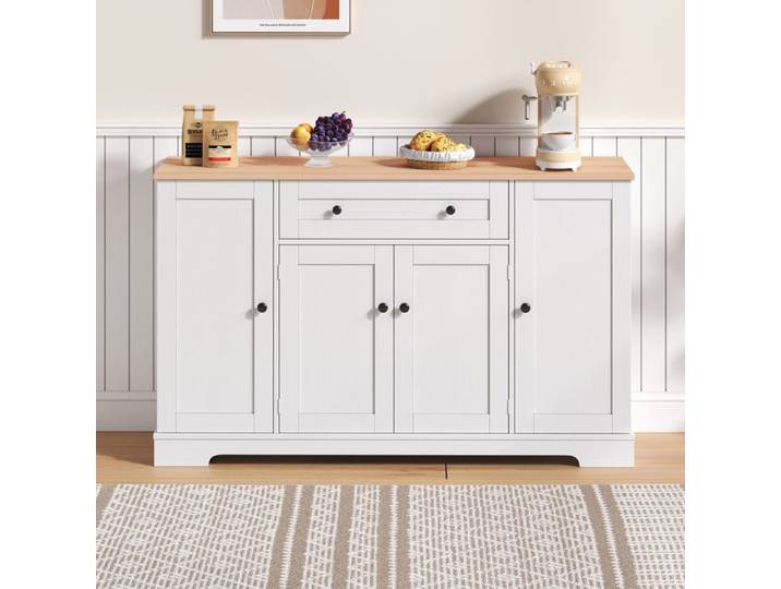 Buffet de cuisine moderne blanc et décor naturel avec tiroir et rangements
