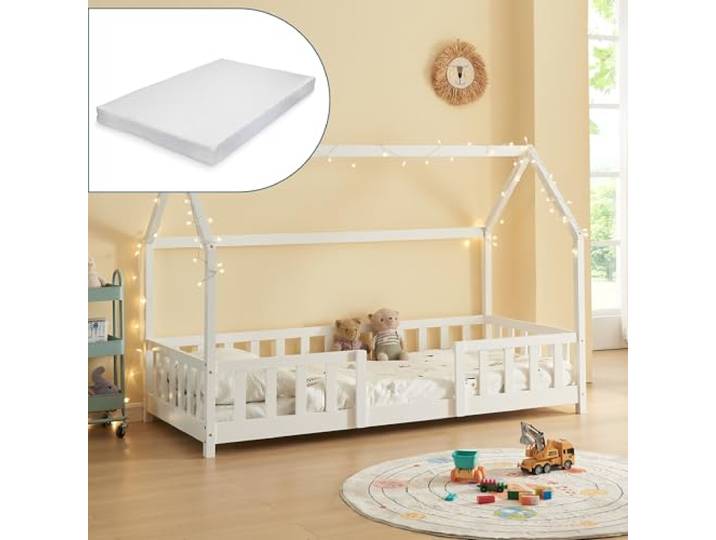 [en.casa] Kinderbett Sisimiut mit Matratze 90x200 cm Weiß Hausbett, Montessori Bett, mit Rausfallschutz, Holzbett für Kinder, Bodenbett, Bettgestell mit Lattenrost, Kiefernholz