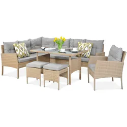 GARTENSET Calista, Technorattan, 2 Ecksofas + Sessel + 2 Hocker + Esstisch, für 7 Personen