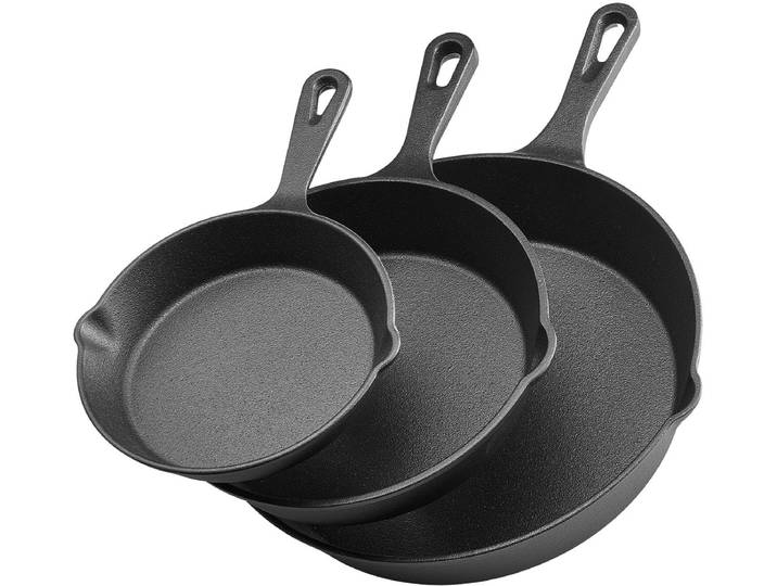 VEVOR 3-delige gietijzeren pannenset 160/220/265 mm koekenpannen kookpan zwart
