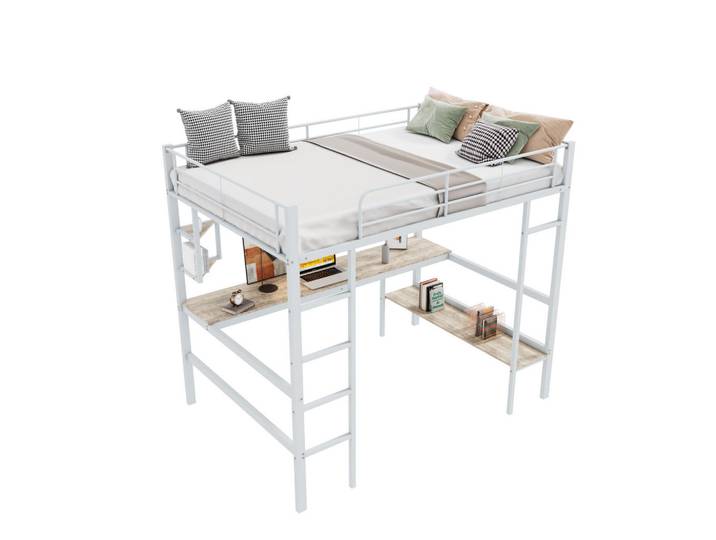 Redom Hochbett 90/200 cm aus Metall mit Schreibtisch, Regalen und Bücherregal, Weiß, 90x200 cm, Schlafzimmer, Betten
