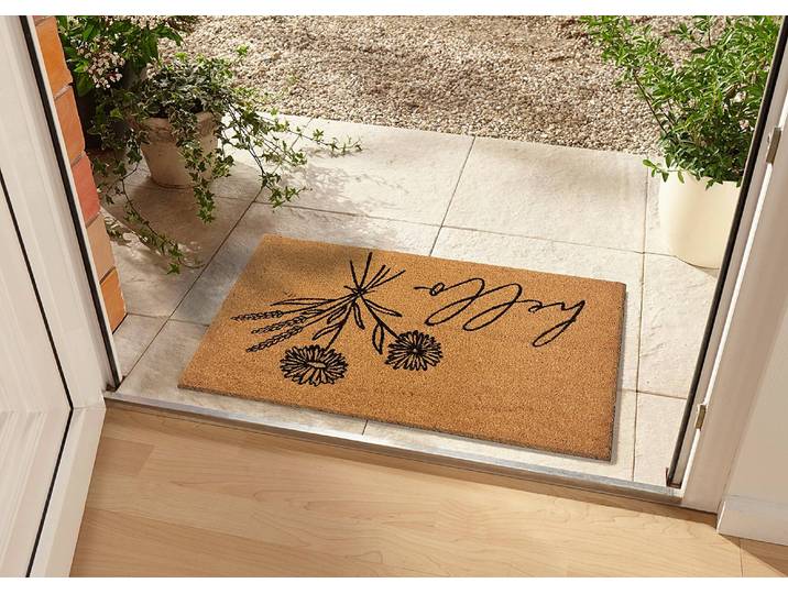 Paillasson coco Hello & Flowers 75 x 45cm Marron