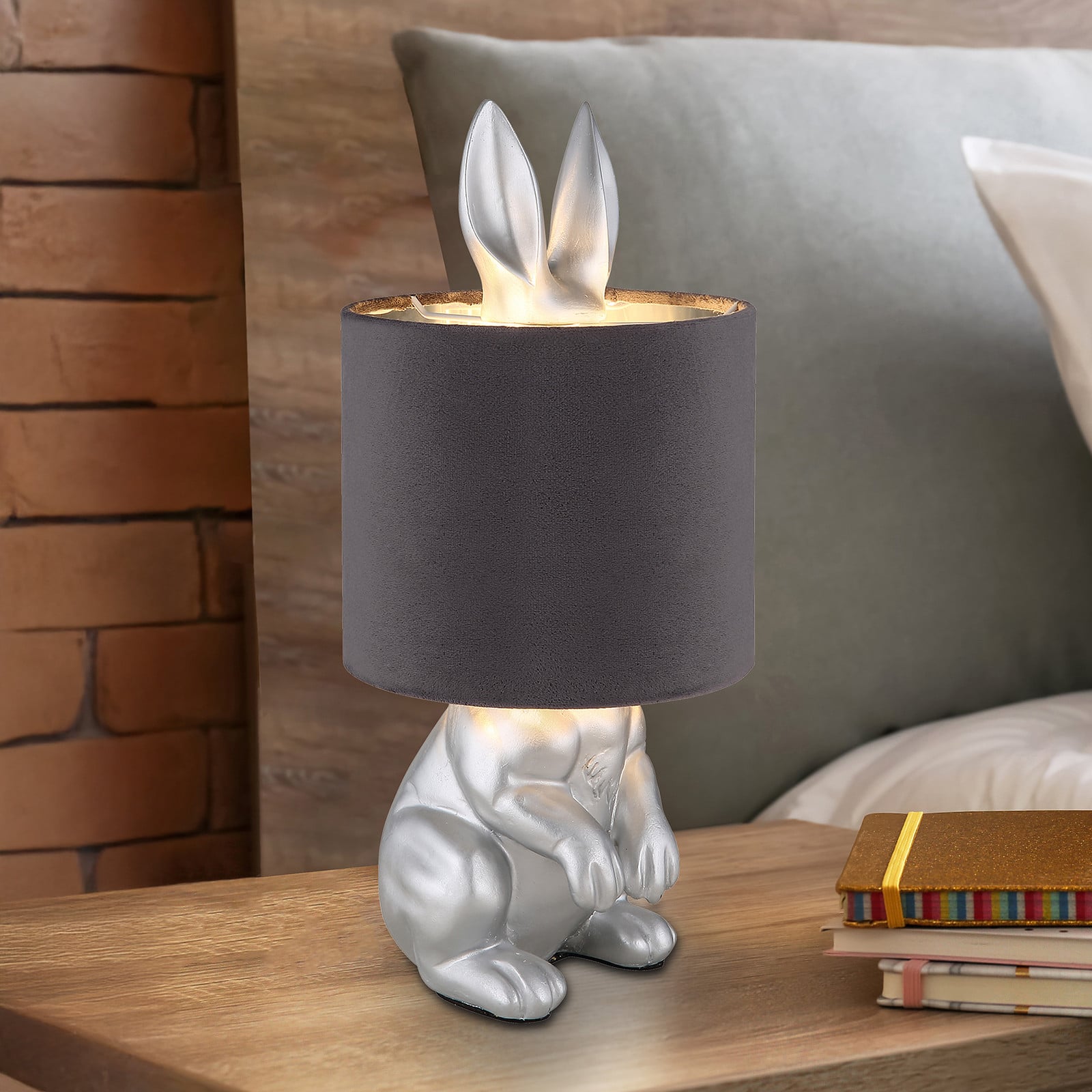 home24 Tafellamp Rabbit met structuurstof, zilver/grijs, Ø 18 cm, E27, LED