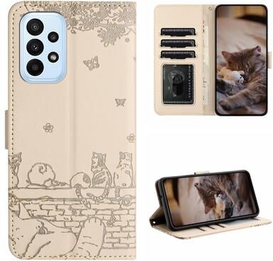 Inspired Deals Cute Cat Embossed Wallet Phone Case For Samsung Galaxy With Card Holder And Lanyard For Samsung Galaxy A33 beige