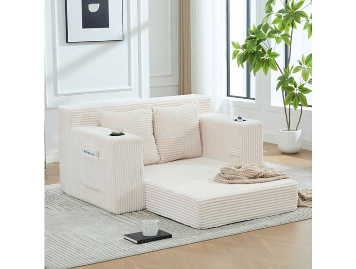 Modenuit Canapé-lit convertible 2 places beige en tissu côtelé 2 coussins poches et porte-gobelet