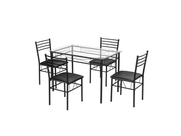 COSTWAY Essgruppe, 5-teilig Esstisch-Set mit 4 Stühlen, Glasplatte, schwarz