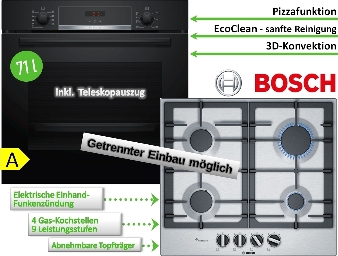 Herdset BOSCH Backofen HBA534EB0 mit Gas-Kochfeld PCP6A5B90
