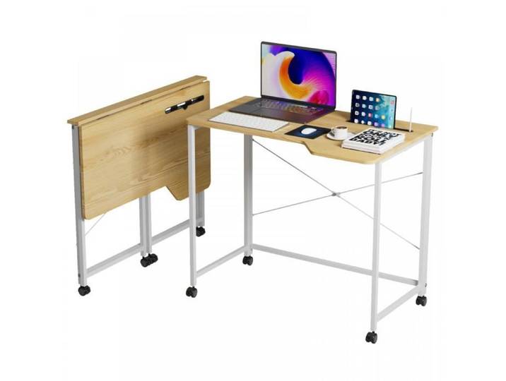 Bureau gaming pliable QUIIENCLEE avec roulettes verrouillables cadre métal plateau en bois pour bureau salon ou chambre jaune