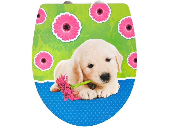 WC-Sitz ADOB Puppy , bunt (bunt, grau), B:38,5cm H:4,2cm L:45cm, Duroplast, Edelstahl, WC-Sitze, WC-Sitz, Absenkautomatik, zur Reinigung auf Knopfdruck abnehmbar