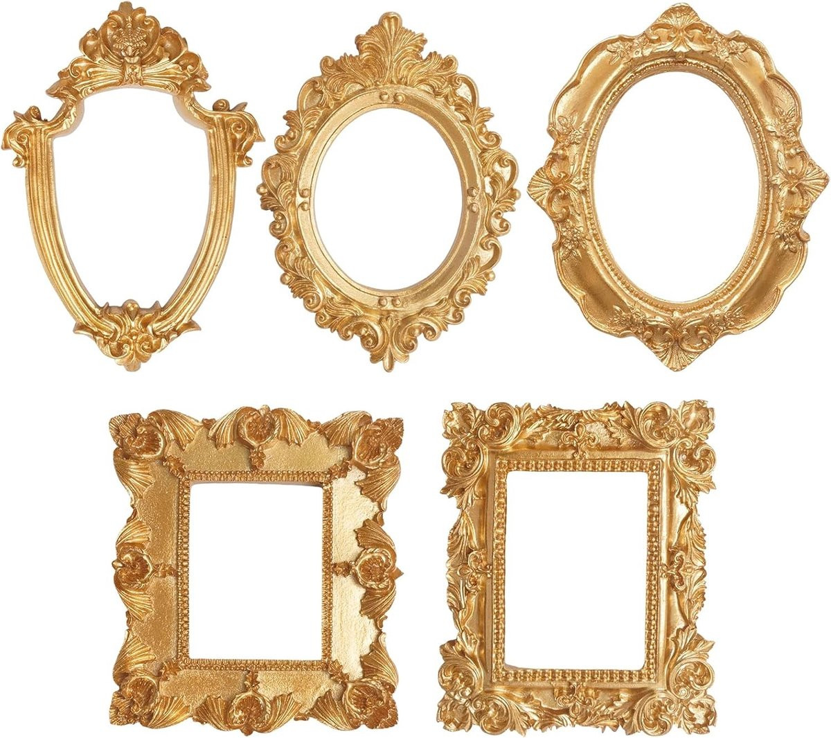 Set van 5 Vintage Koperen Mini Fotolijsten in Victoriaanse Stijl voor Foto's en Sieraden