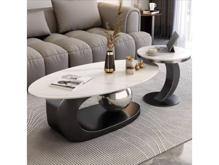 Couchtisch Oval,Moderner Wohnzimmertisch Aus Sinterstein und Eisen mit Optionalem Rundem Beistelltisch,Schwarzes C-Förmiges Gestell,Metallkugel,für Wohnzimmer D