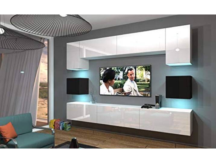 Furnitech Nowara AN1-17WB-HG23 1B TV-Wand-Hängeschrank für Wohnzimmer – Modernes Design mit Säulen- Vitrinen und Ablagen – Möbel mit blauer LED-Beleuchtung – Nowara AN1-17WB-HG23 1B