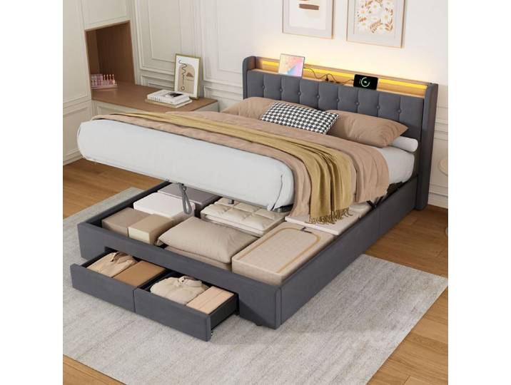 MEUBLIV Lit coffre 160x200 cm avec lumière LED et prises avec tiroirs et coffre lit avec rangement Gris (sans matelas)