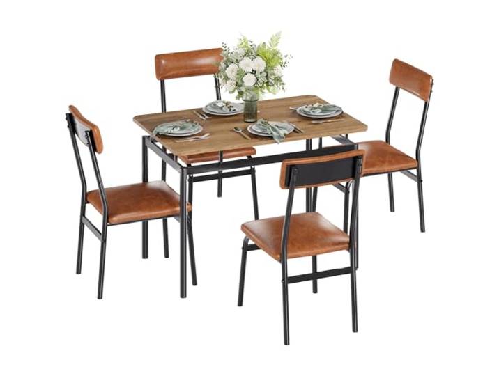 IDEALHOUSE Essgruppe 5-teilig, Moderner Esstisch mit Metallrahmen 4 braunen PU-Stühlen – Holzmaserung, platzsparend, robust – Perfekt für Küche, Esszimmer, Apartment