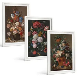 BILDER SET 3er Set - 40x60 cm Weißer Rahmen - Blumenarrangements in Vasen