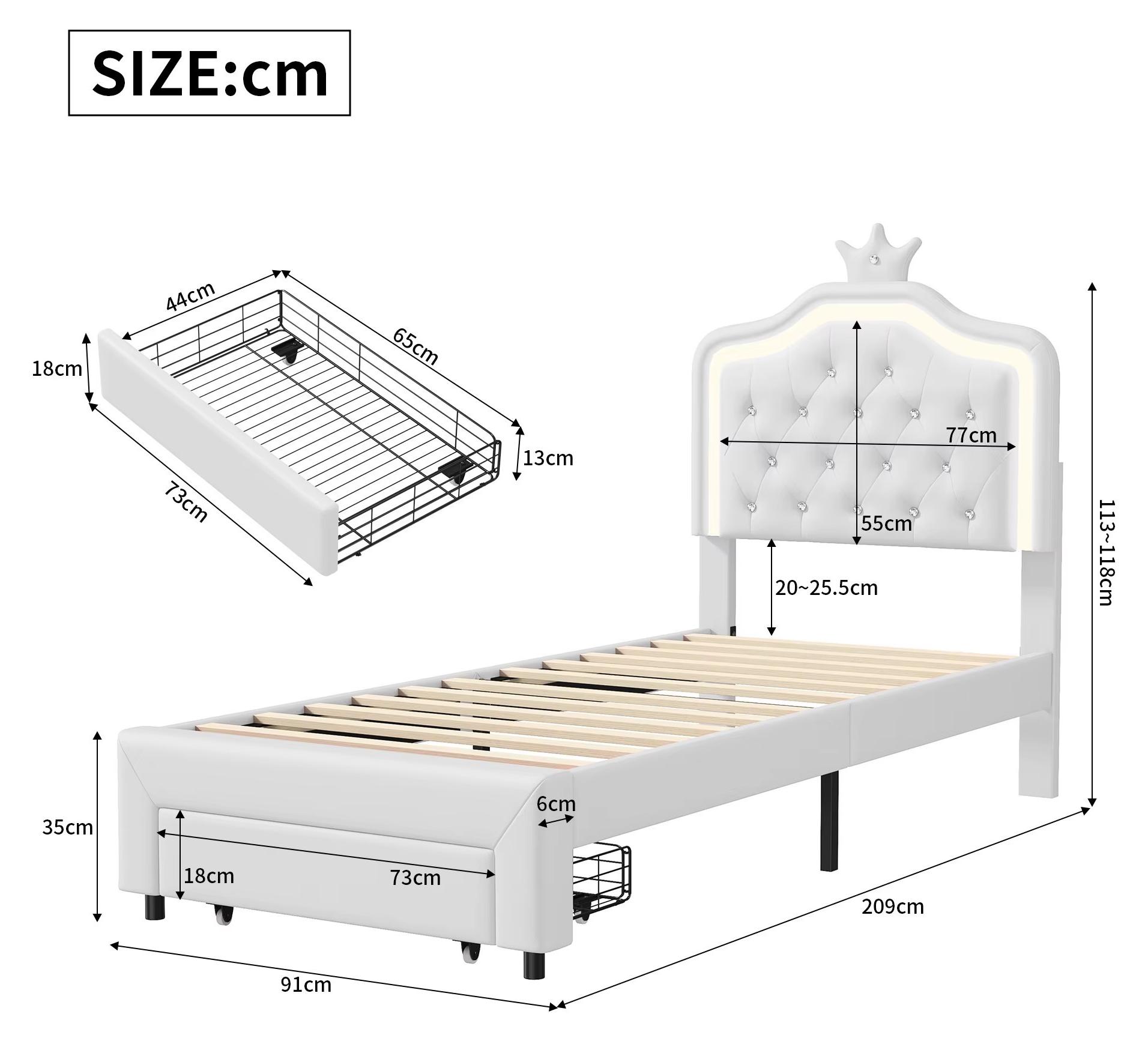 Kinderbett - Gepolstertes Einzelbett 90 x 200 cm - Kronen-Kopfteil - Bettschublade - PolyurethanStoff und Holz - Weiß - Ohne Matratze
