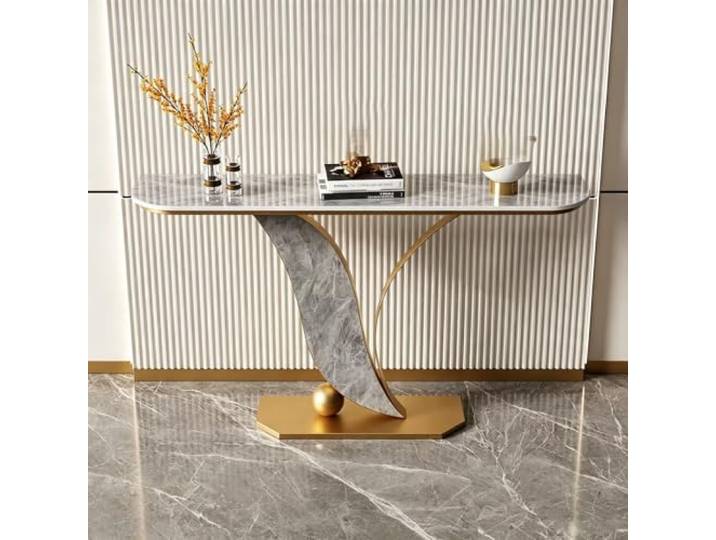 Moderner Konsolentisch mit Sintersteinplatte, schmaler Eingangstisch Sinterstein-Oberfläche, Stabiles Metallgestell, Schmale Bauweise, Flur & Wohnzimmer(Gold+Gray,59 (150cm))