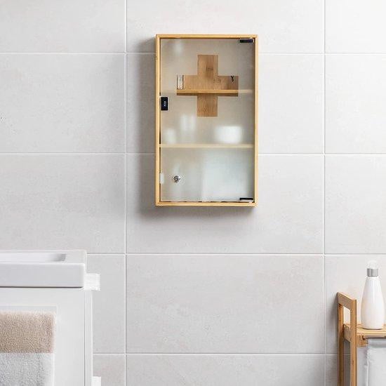Moderne wandgemonteerde badkamerkast met glazen deuren en LED-verlichting in wit en bruin