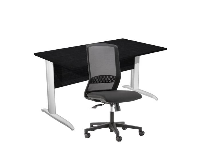 Pack Bureau droit Pronto Métal - L.140 x P.80 cm - Plateau Noir - Pieds L Blanc + siège Tekna Tissu Noir