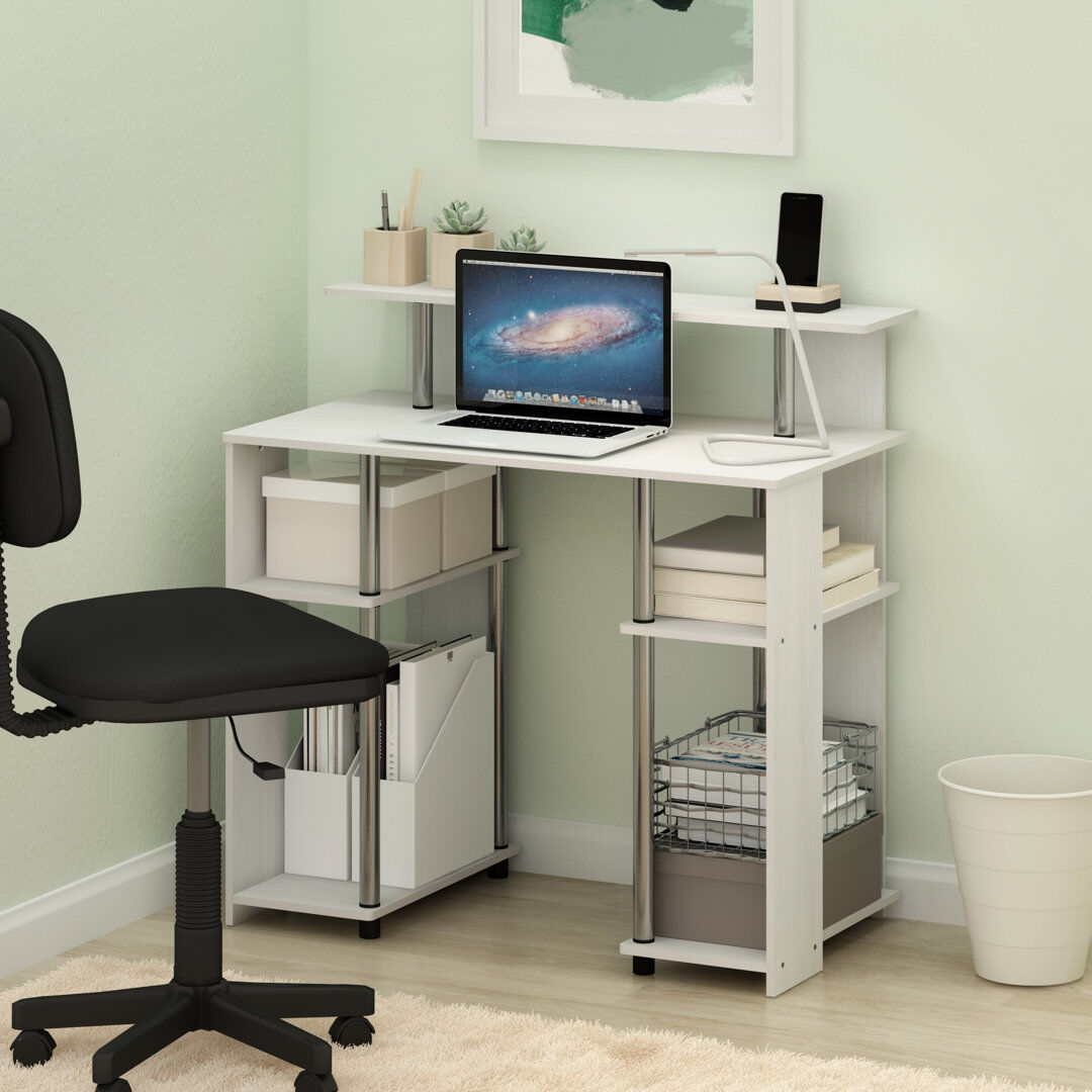 17 Stories Bozidar Computer Desk White Oak/Stainless Steel 90" H x 90" W x 48" D