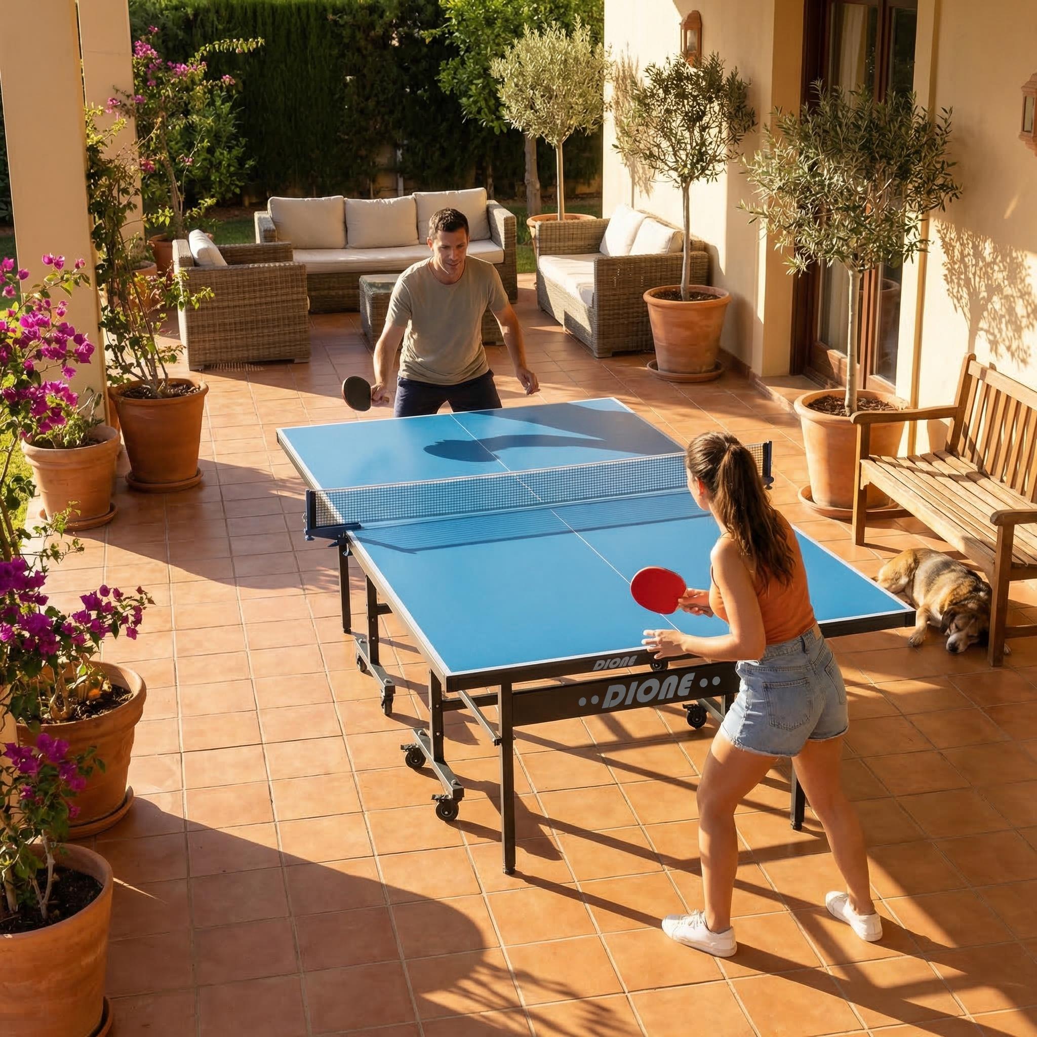 Dione Tischtennistisch S500o - 6mm top - Outdoor Klapp - Rollbar Tischtennisplatte für draußen - Wetterfeste TT-Tisch 60kg - 10 Minuten Installation