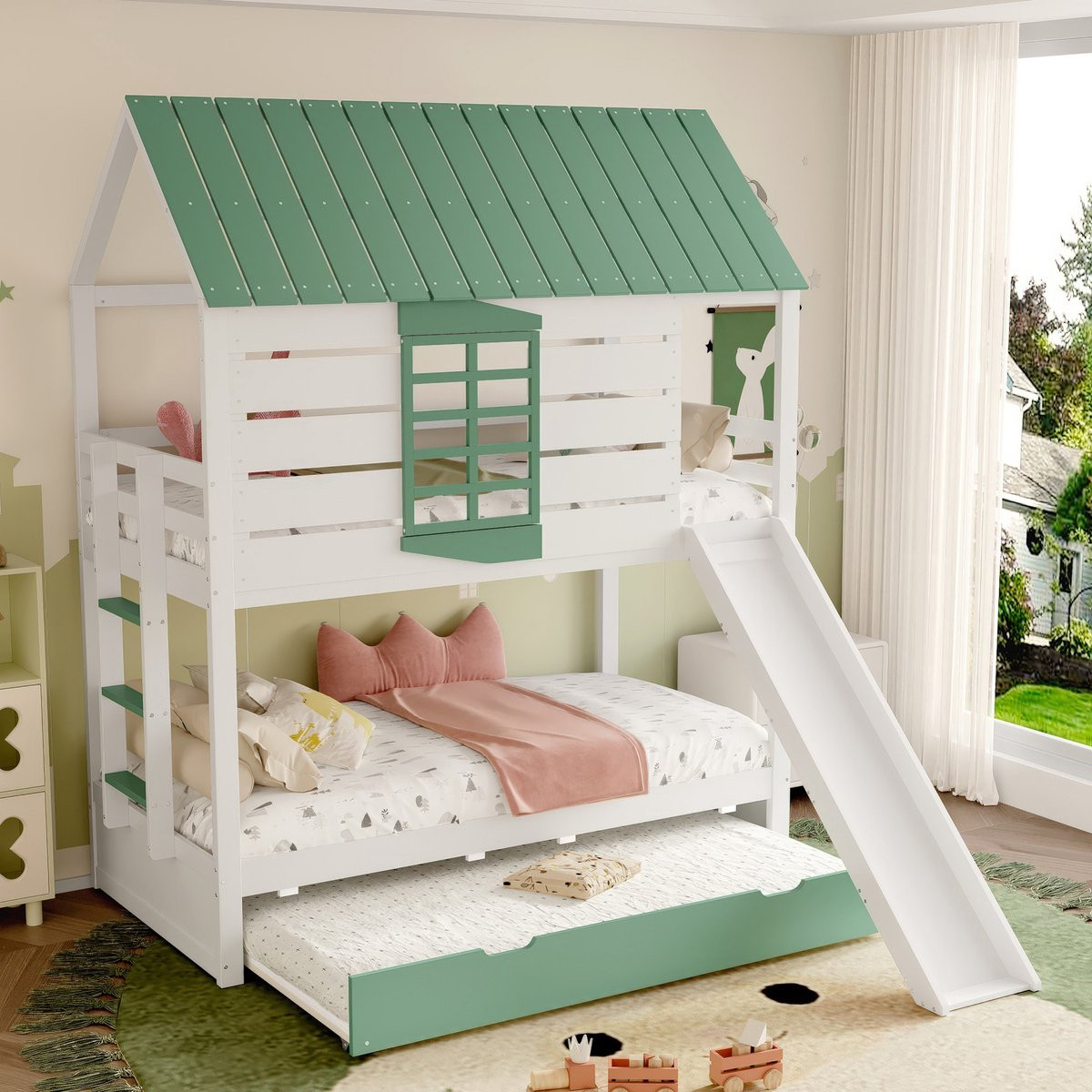 Sweiko Stapelbed met Glijbaan en Uitschuifbaar Bed - Huisbed voor Kinderen - Wit en Groen - 90 x 200 cm