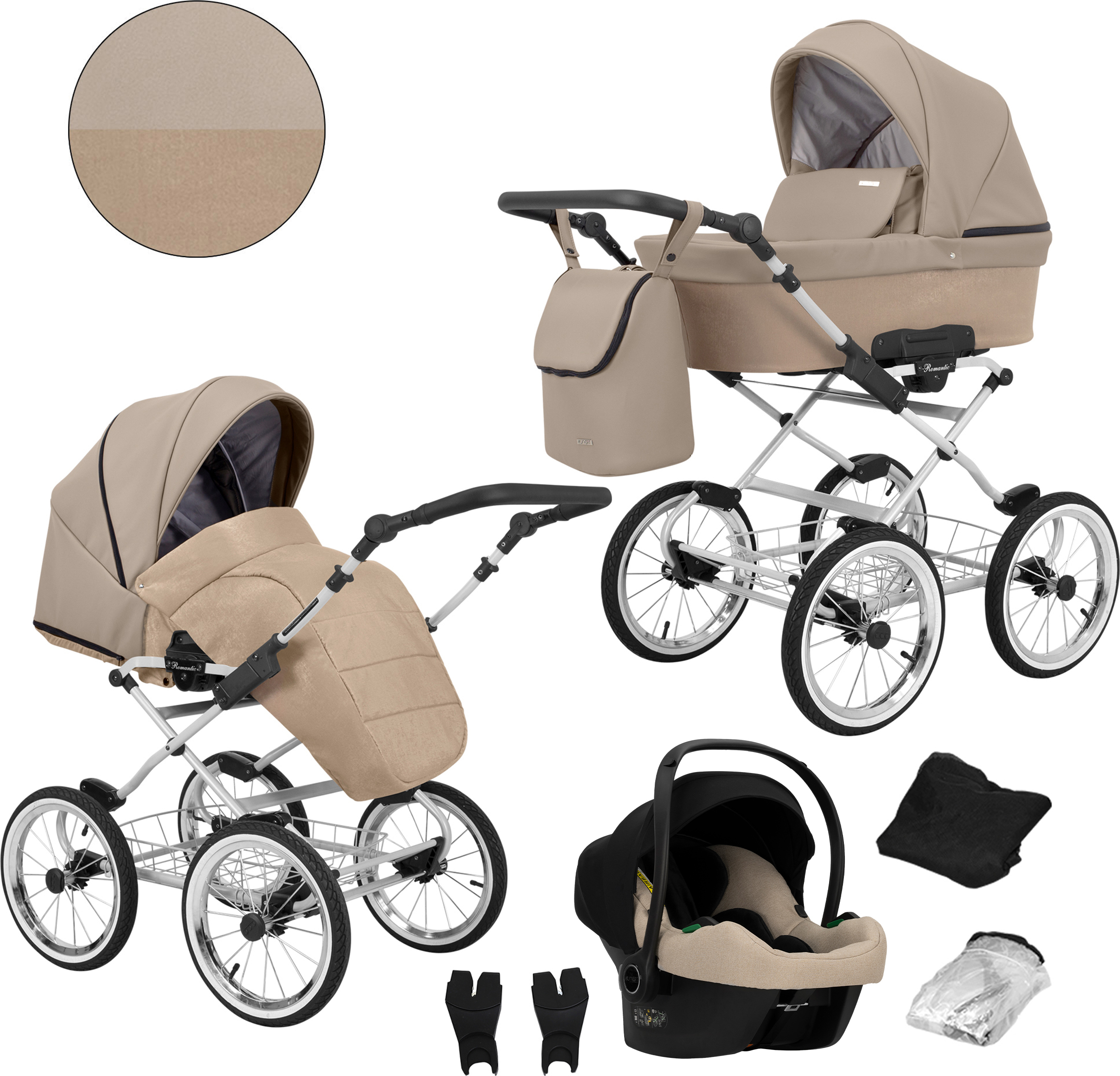 Kinderwagen ROMANTIC Sportwagen Babywagen Babyschale Komplettset Kinder Wagen Set 3 in 1 (ROM-12, Rahmenfarbe: grau)