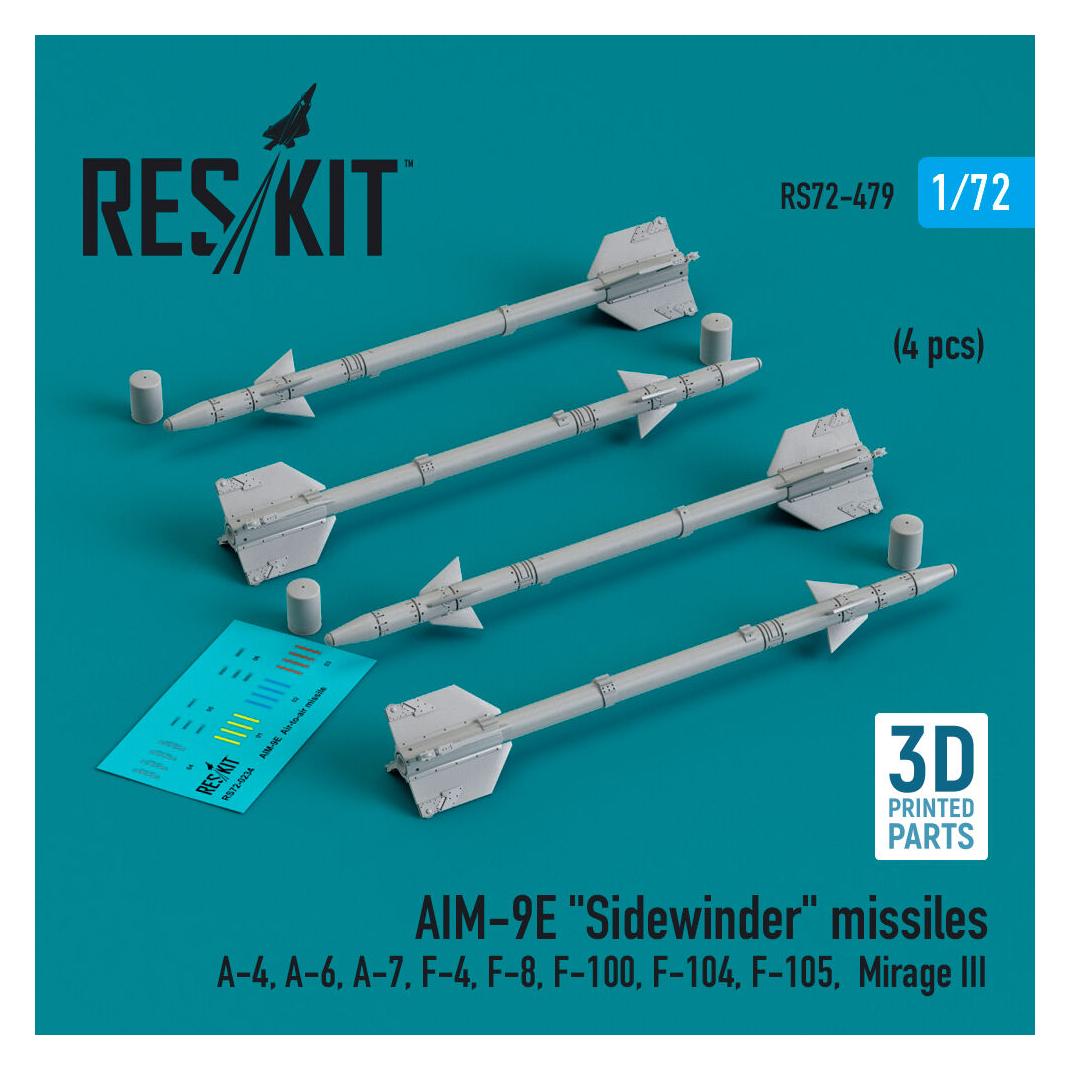ResKit AIM-9E Sidewinder missiles (4 pcs) (A-4, A-6, A-7, F-4, F-8, F-100, F-104, F-105, Mirage III) (3D Pr (RS72-0479)