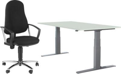 2 tlg. Büromöbel-Set, Schreibtisch Login, elektrisch höhenverstellbar, B 1600 mm, lichtgrau/weißaluminium + Bürostuhl Point 60