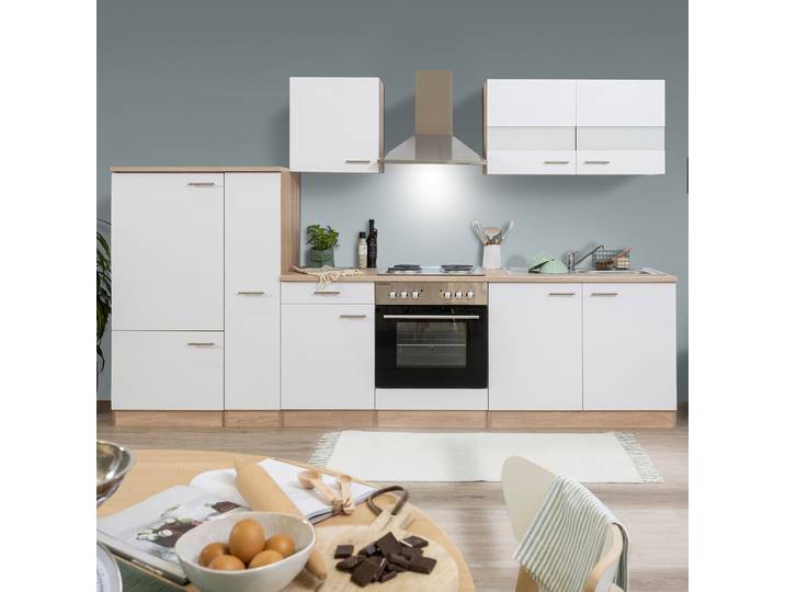 Bloc cuisine Merle sans appareils 300cm Blanc/Blanc/Imitation chêne brut de sciage