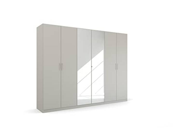 Rauch Möbel Quadra-Spin Pure, Kleiderschrank, Seidengrau, Breite 271 cm Schrank im minimalistischen Stil, 6-türig, mit Spiegel, für Schlafzimmer, Jugendzimmer, Garderobe, Flur